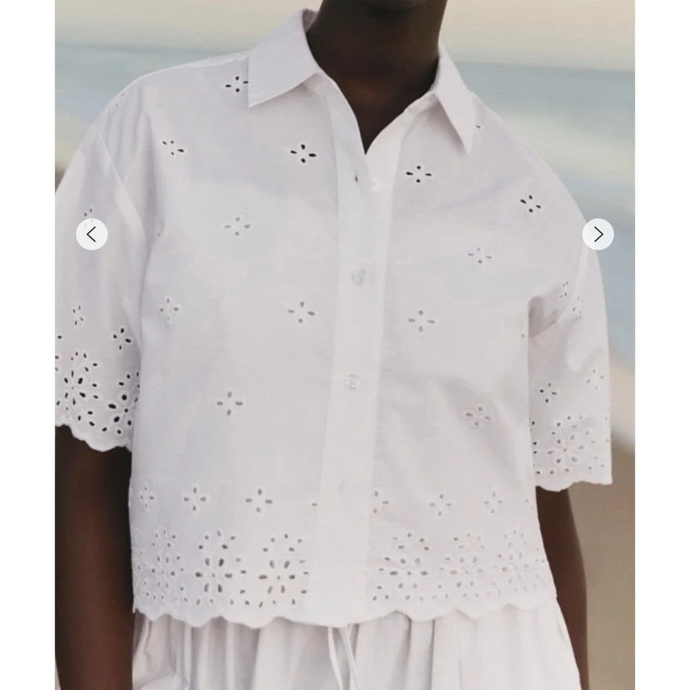 Free Assembly Women's Small Cropped Cotton Eyelet Shirt  NWT - Picture 3 of 11